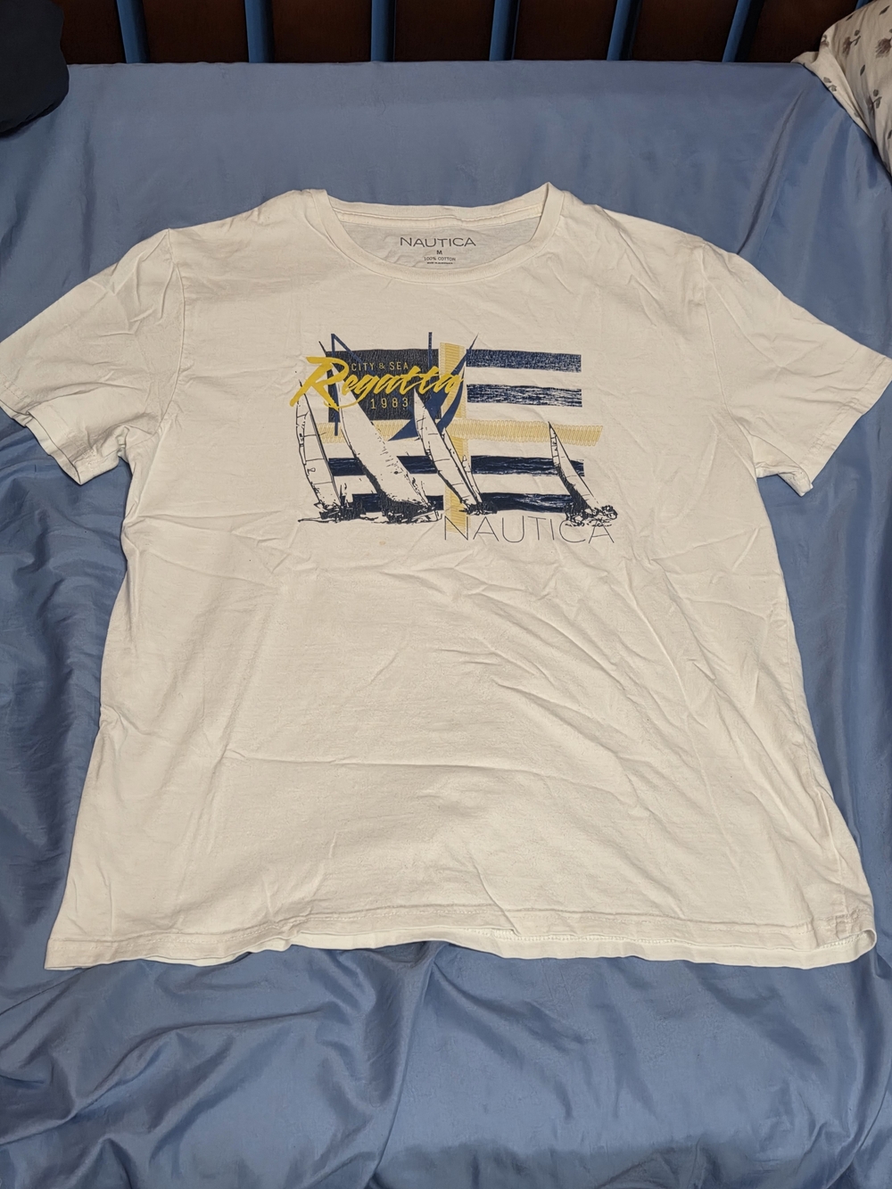 Nautica White Short Sleeve Graphic Tee with Navy and Yellow Accents